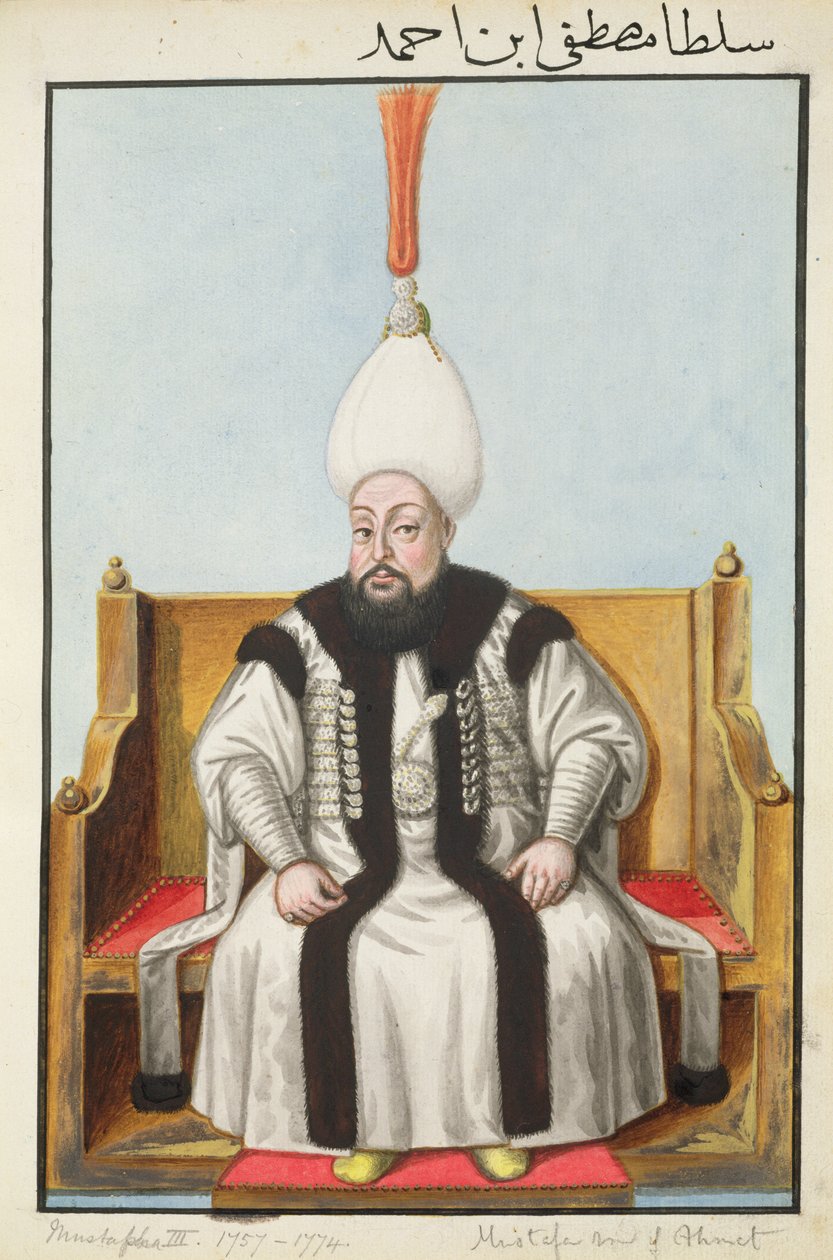 Mustapha III (1717–74) sulttaani 1757–74, teoksesta ”Sarja Turkin keisareiden muotokuvia” tekijältä John Young
