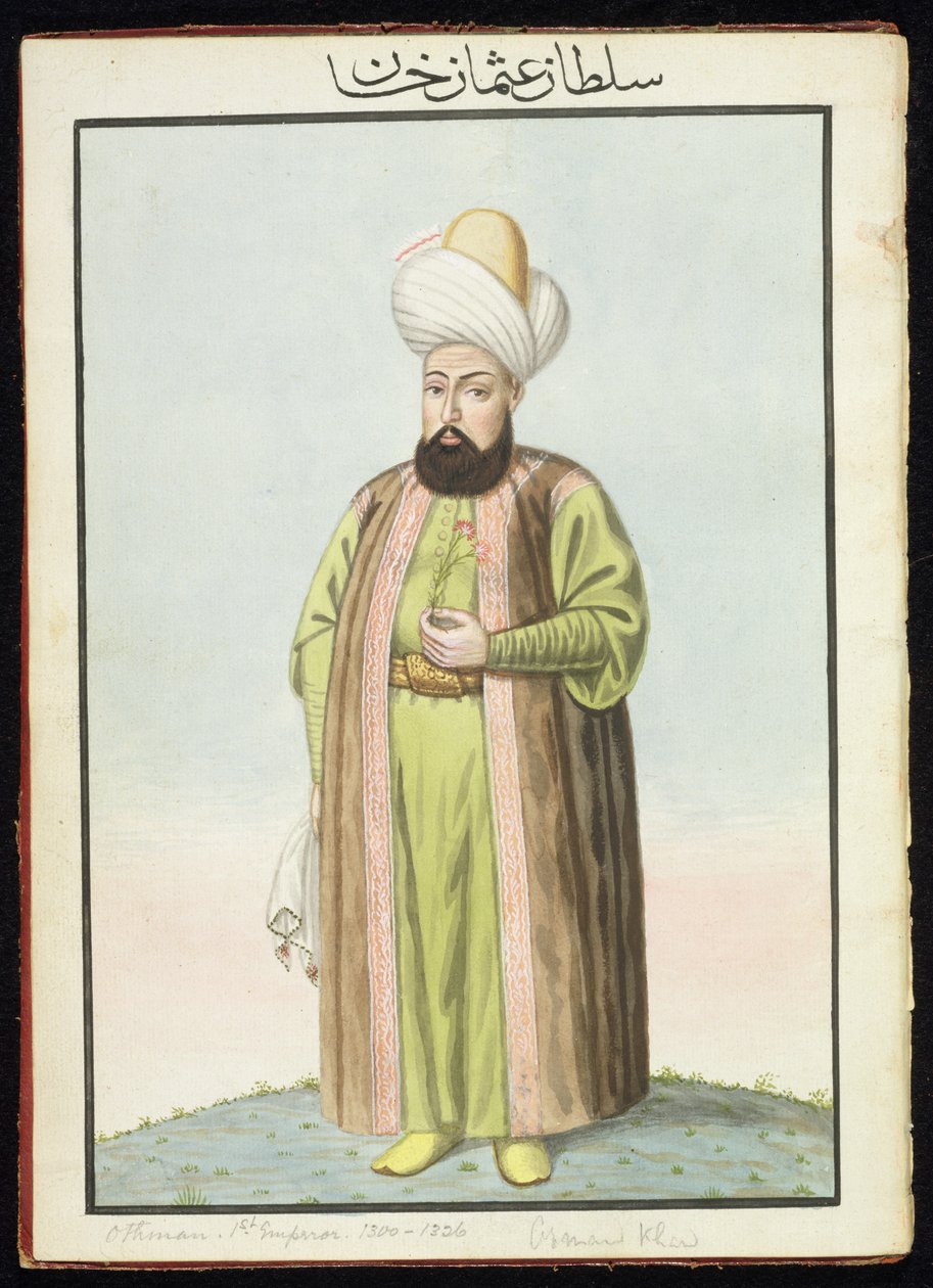 Othman (Osman) I (1259–1326), Ottomaanien valtakunnan perustaja, sulttaani 1299–1326, teoksesta ”A Series of Portraits of the Emperors of Turkey” (Sarja Turkin keisarien muotokuvia). tekijältä John Young