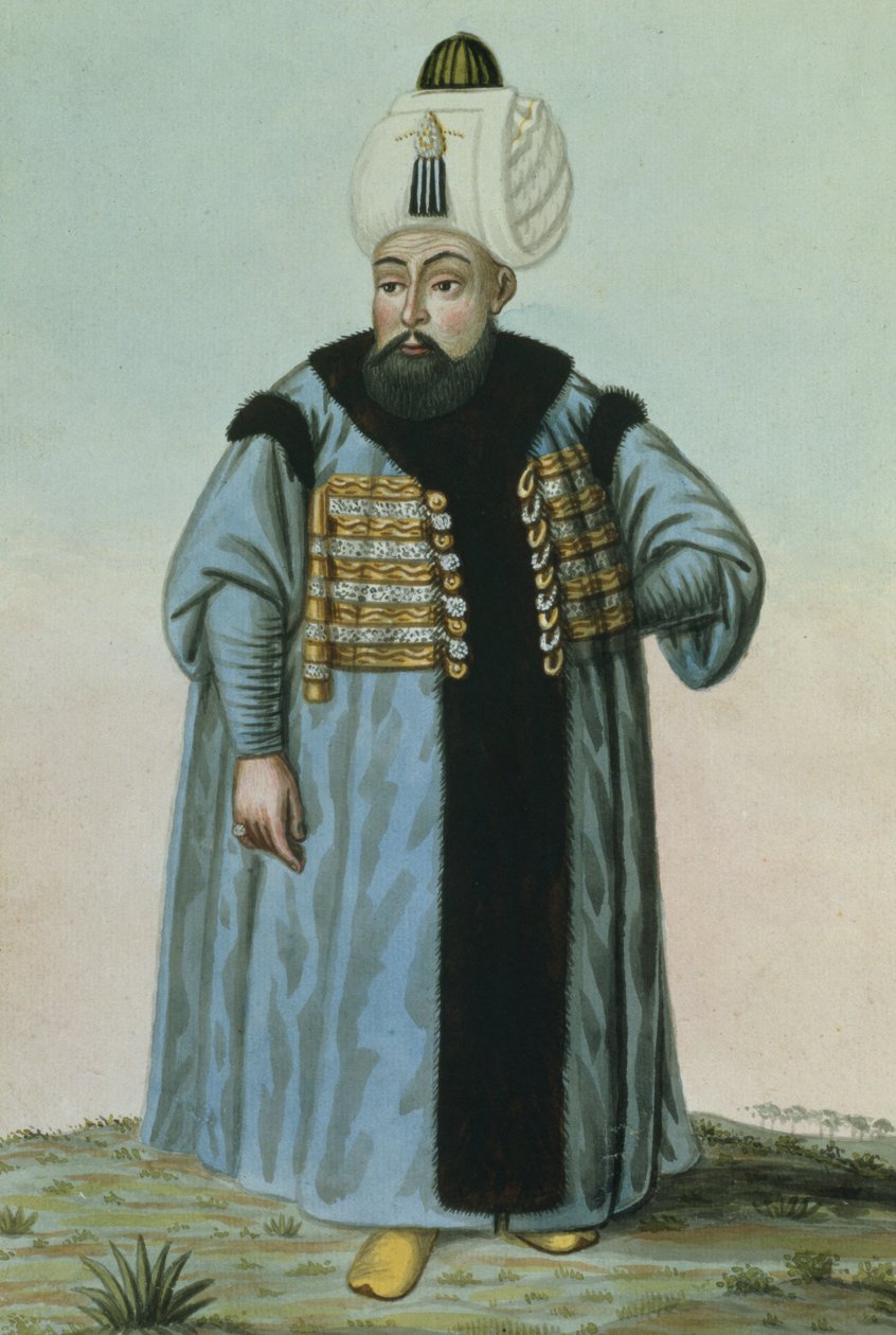 Selim II (1524–74), kutsumanimeltään ”Sari”, Blondi tai Sot, sulttaani vuosina 1566–74, teoksesta ”A Series of Portraits of the Emperors of Turkey” (Sarja Turkin keisarien muotokuvia). tekijältä John Young