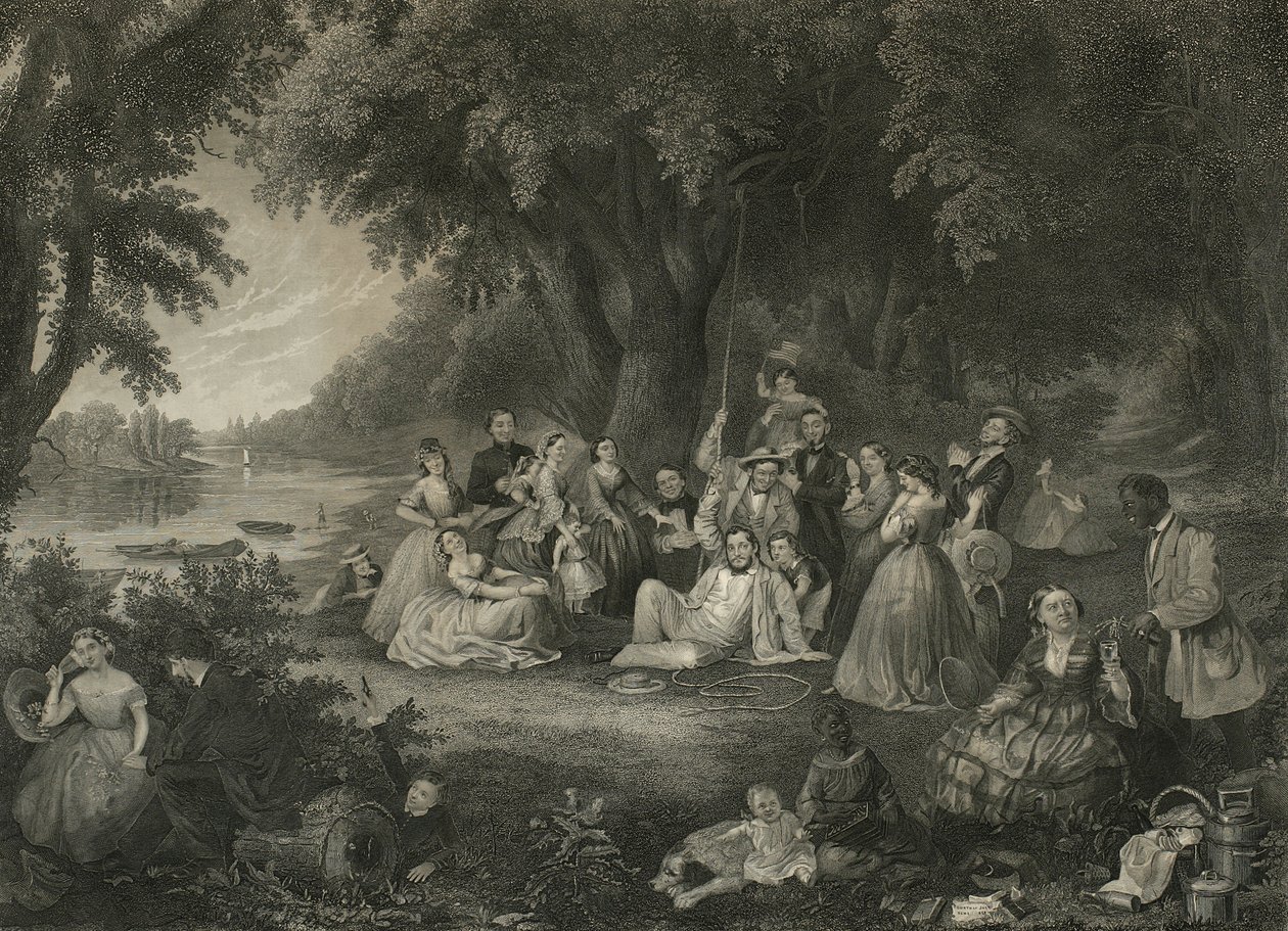 Piknik heinäkuun neljäntenä päivänä, n. 1864 (kaiverrus sekamenetelmällä) tekijältä John and Hollyer Rogers