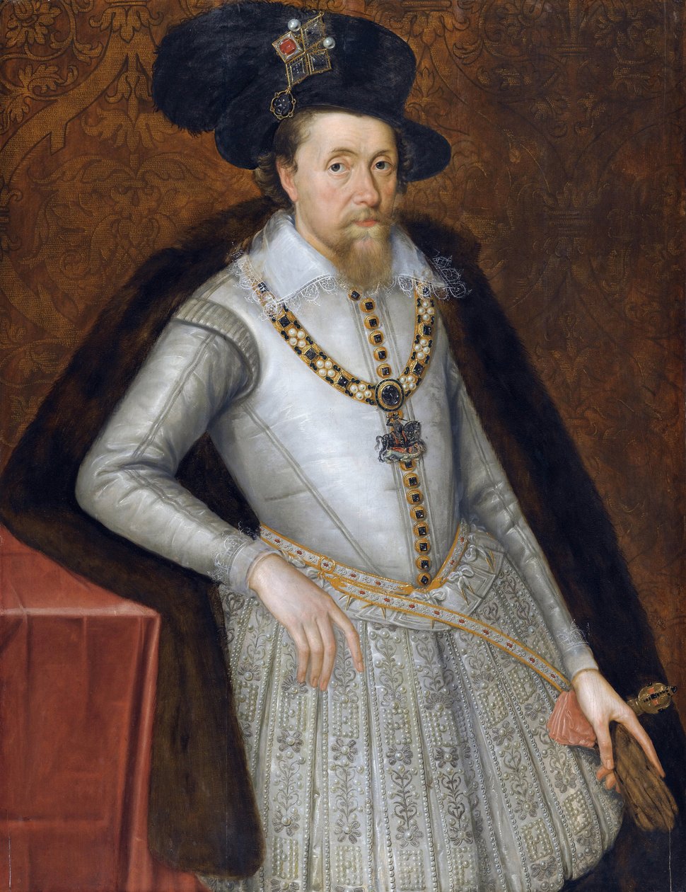 Jacques VI et Ier - Jacques Stuart - Englannin kuninkaan James I:n (1566-1625) muotokuva John De Critzistä (Decritz), vanhin (1551/2-1642), 1700-luvun alku. - Öljy puulle tekijältä John de Critz