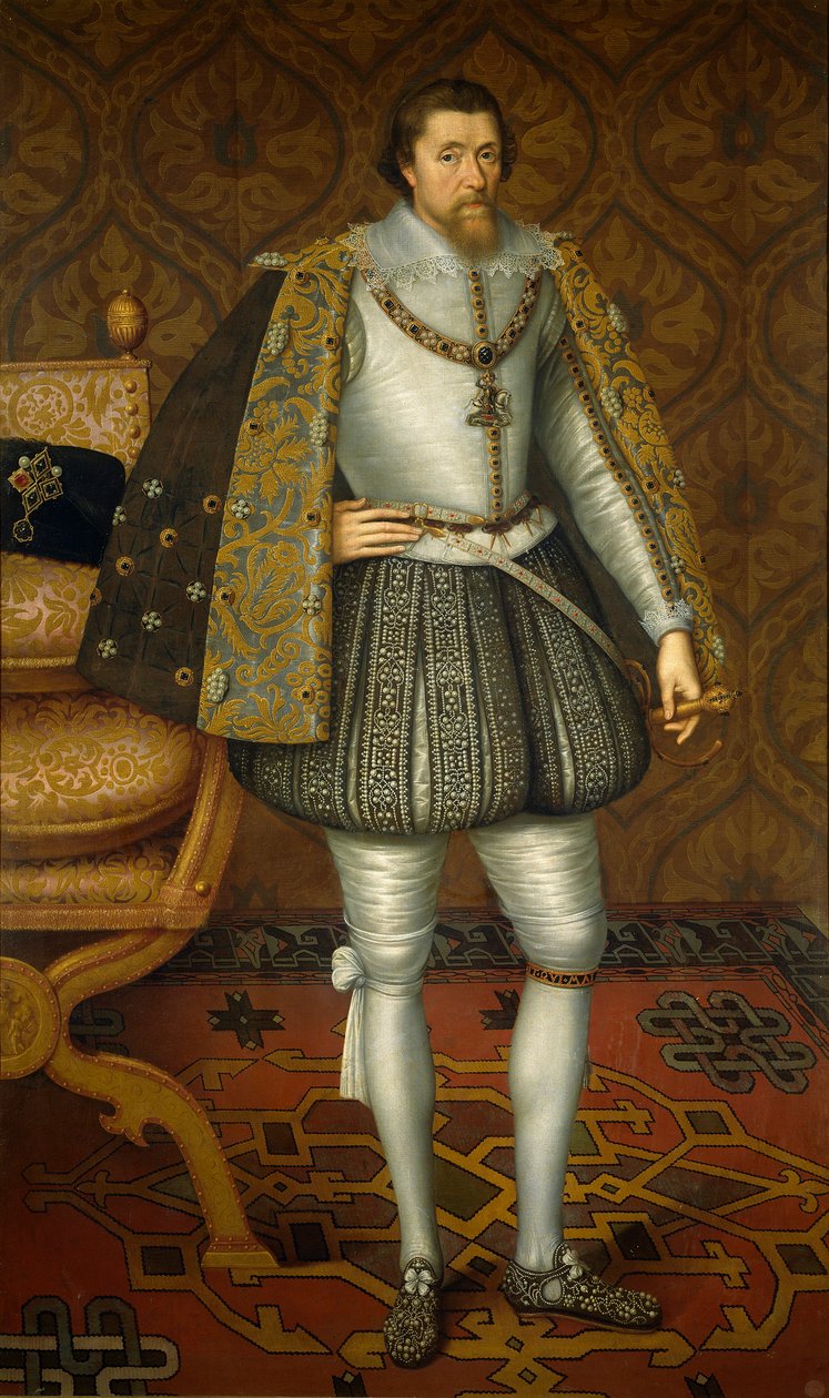 James VI ja I Englannista ja Irlannista - Muotokuva Englannin kuningas James I:stä (1566-1625), kirjoittanut De Critz (Decritz), John, Vanhin (1551/2-1642), n. 1605 - Öljy kankaalle tekijältä John de Critz
