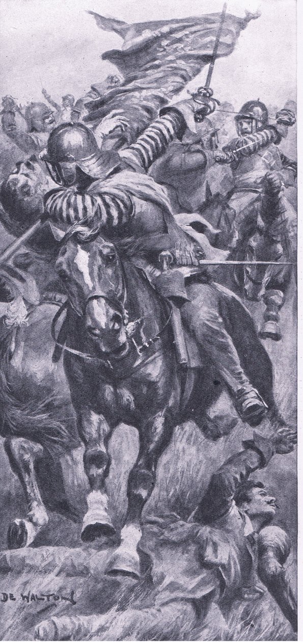 Luutnantti John Smith ottamassa takaisin kuninkaan lipun Edgehillissä, 23. lokakuuta 1642, kuva brittiläisistä taisteluista maalla ja merellä, 1915 tekijältä John de Walton