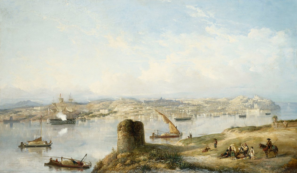 Laaja näkymä Lissaboniin Tejo-joen varrella Praca do Terreiro do Pacon, vanhan katedraalin ja Castelo de S. Jorgen kanssa tekijältä John or Giovanni Schranz