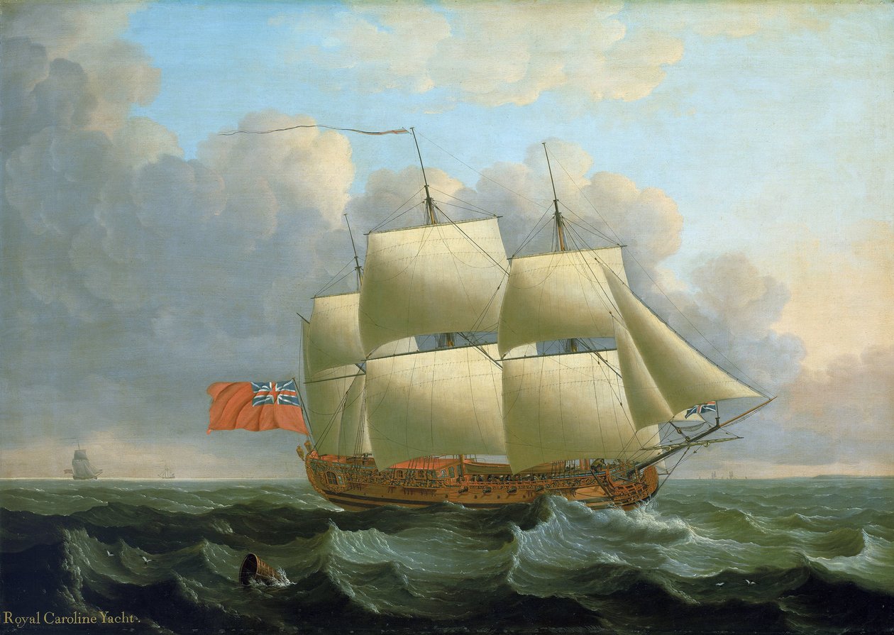 Royal Caroline, rakennettu vuonna 1749 Deptfordissa (Englanti). Öljy kankaalle tekijältä John the Elder Cleveley