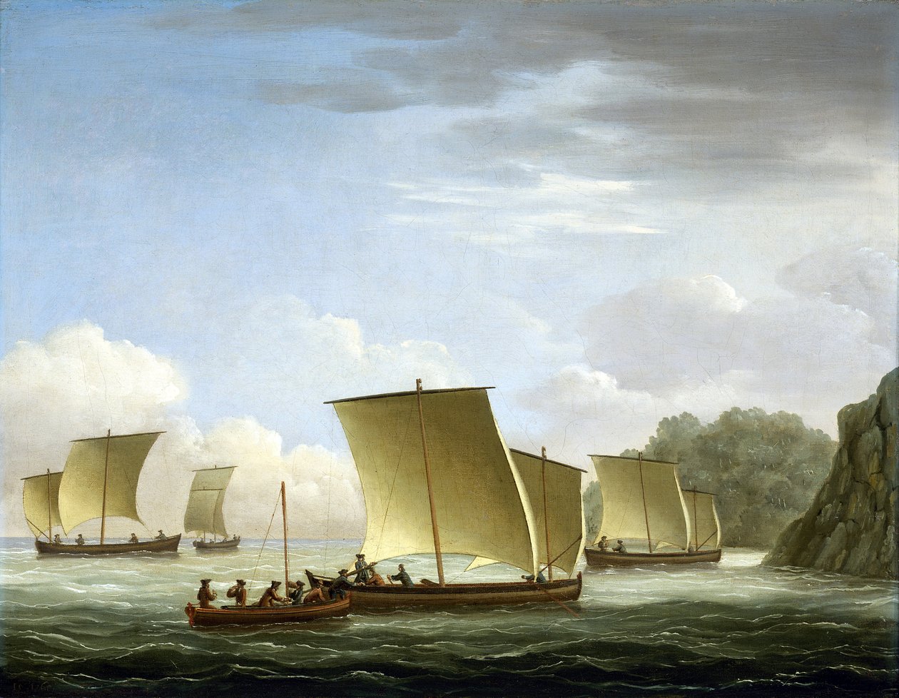 Pelastusmiehistön saapuminen Luxborough-galleriasta Newfounlandissa (Newfoundland) (Newfoundland) (Kanada). John Cleveleyn (1712-1777) öljymaalaus, noin 1727. tekijältä John the Elder Cleveley