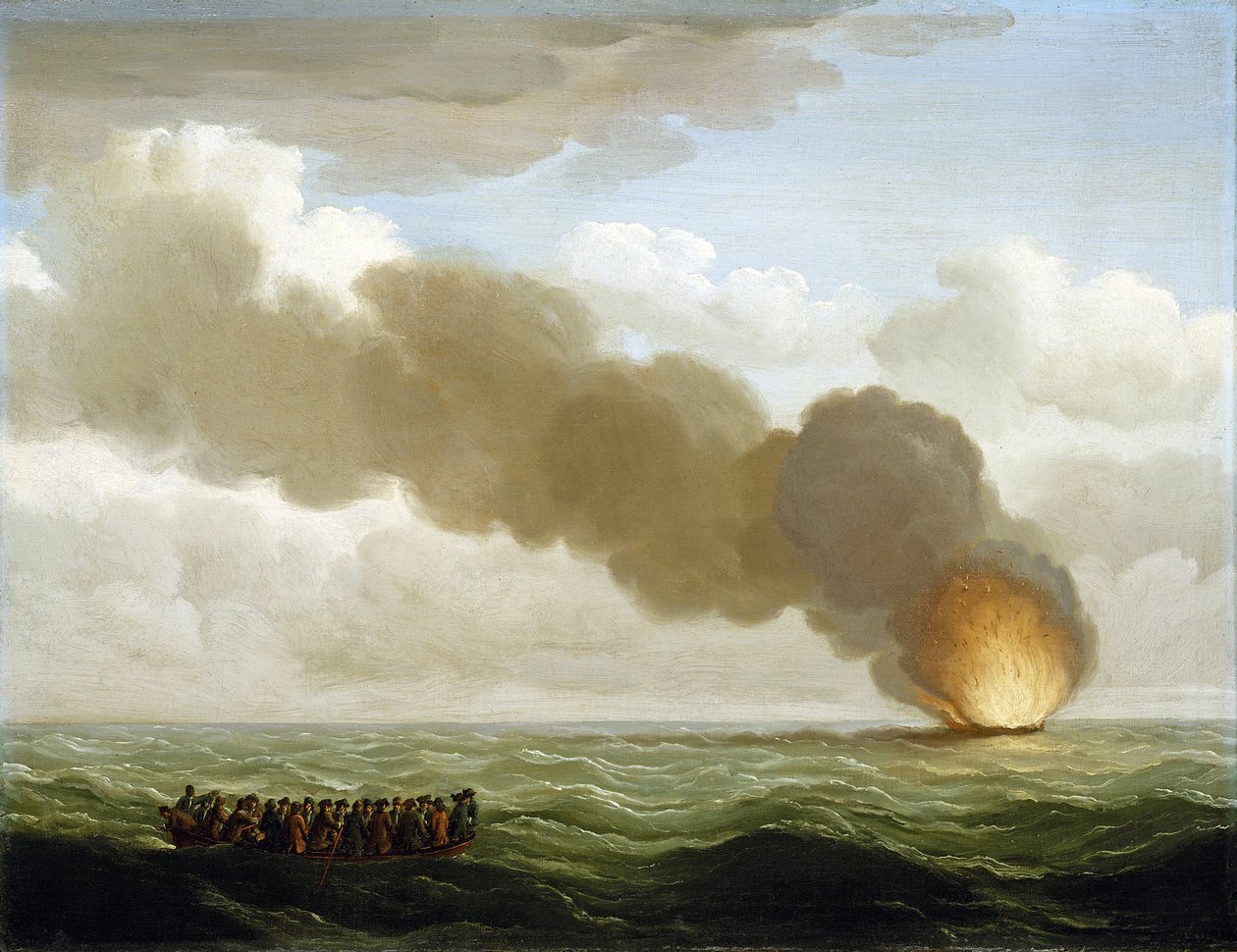 "Luxborough-kaleeriorjan miehistö pelastusveneessä katsomassa palavan aluksen uppoamista avomerellä 25. kesäkuuta 1727". tekijältä John the Elder Cleveley