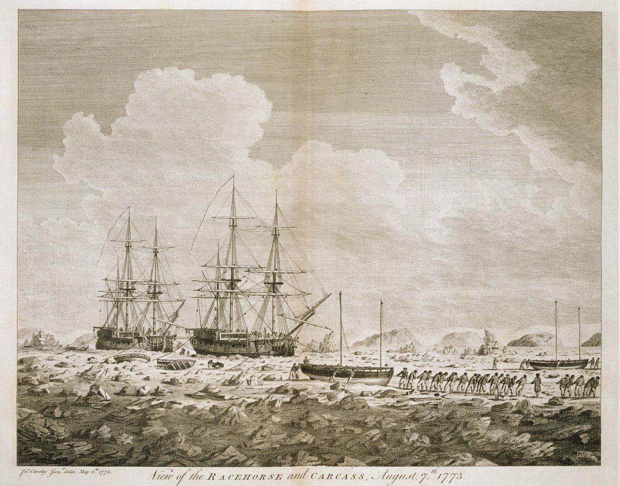 Näkymä "kilpahevosesta" ja "ruhosta", 7. elokuuta 1773, "Hänen Majesteetin komennon 1773 matkasta pohjoisnavalle", julkaistu 1774 tekijältä John the Younger Cleveley