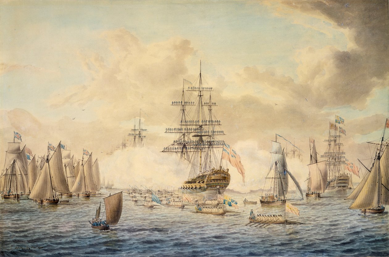 Yrjö III tarkastelee laivastoa Spitheadissa 22. kesäkuuta 1773, kuvassa HMS "Royal Oak". tekijältä John the Younger Cleveley