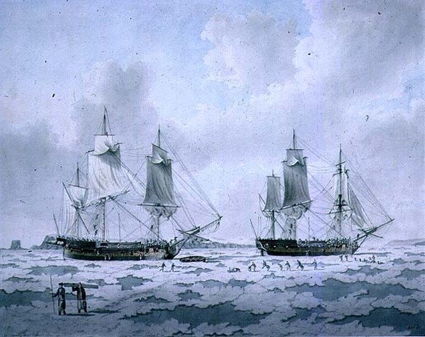 Ships of Lord Mulgraves Expedition of Discovery upotettuna Iceen napa-alueilla tekijältä John the Younger Cleveley