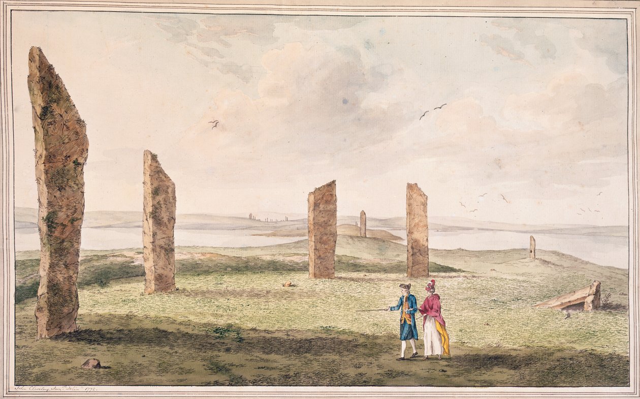 Näkymä kivipuoliympyrästä Stenhouse-järven rannalla Pomonan saarella tekijältä John the Younger Cleveley