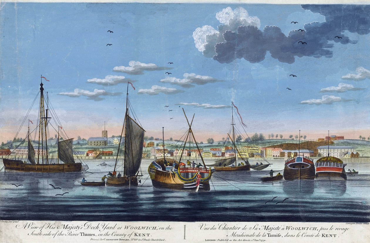 Näkymä Woolwichin kuninkaallisiin satamiin, Thamesin vasemmalla rannalla (Englanti), Kentin kreivikunnassa. John Clevely the Youngerin (1747-1786) väriseos. tekijältä John the Younger Cleveley