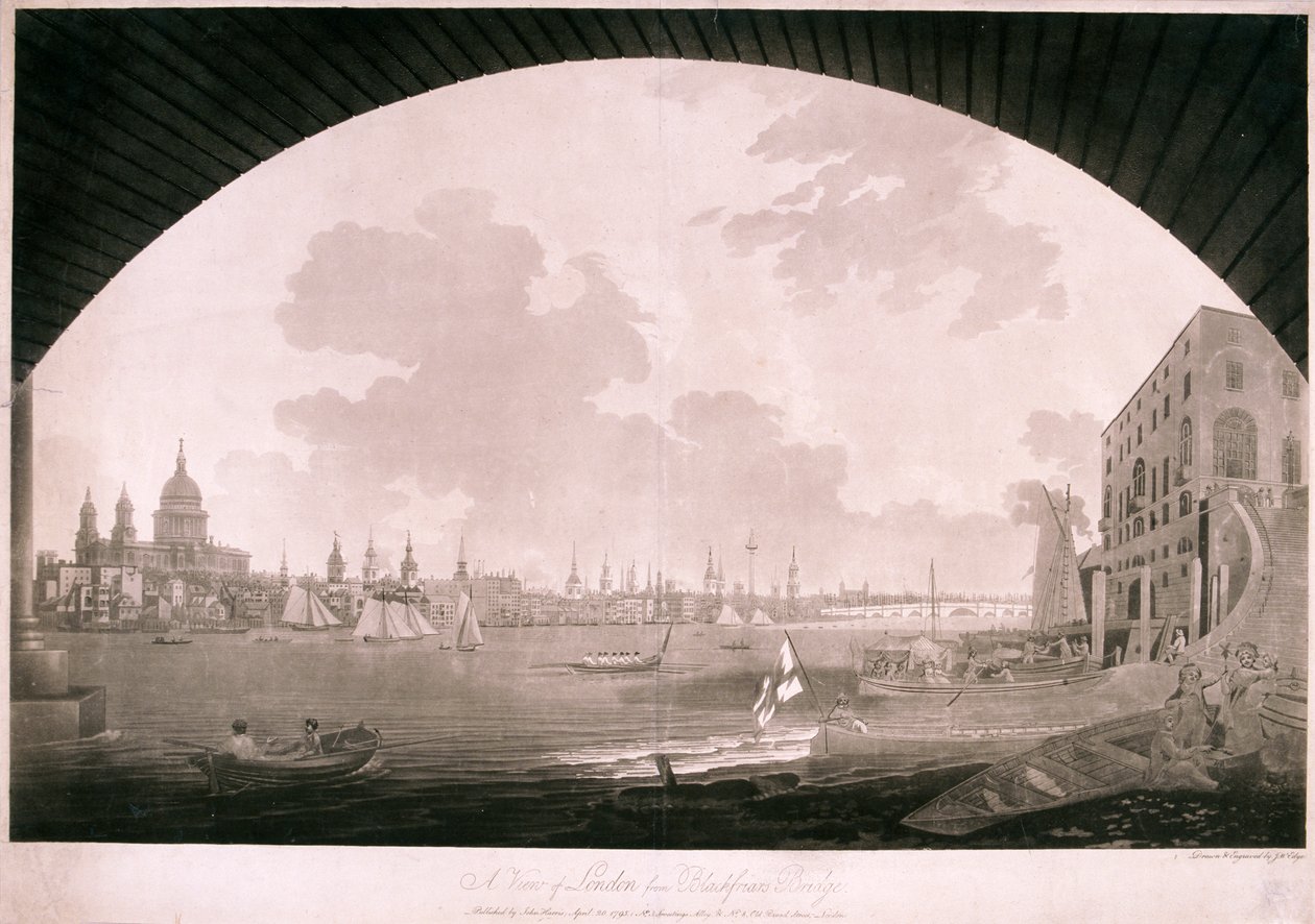 Lontoon kaupunki Blackfriars Bridgeltä, 1795 tekijältä John william Edy