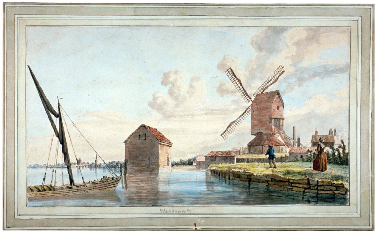 aNäkymä joen rannalta Wandsworthiin, Lontooseen, c1798 tekijältä John william Edy