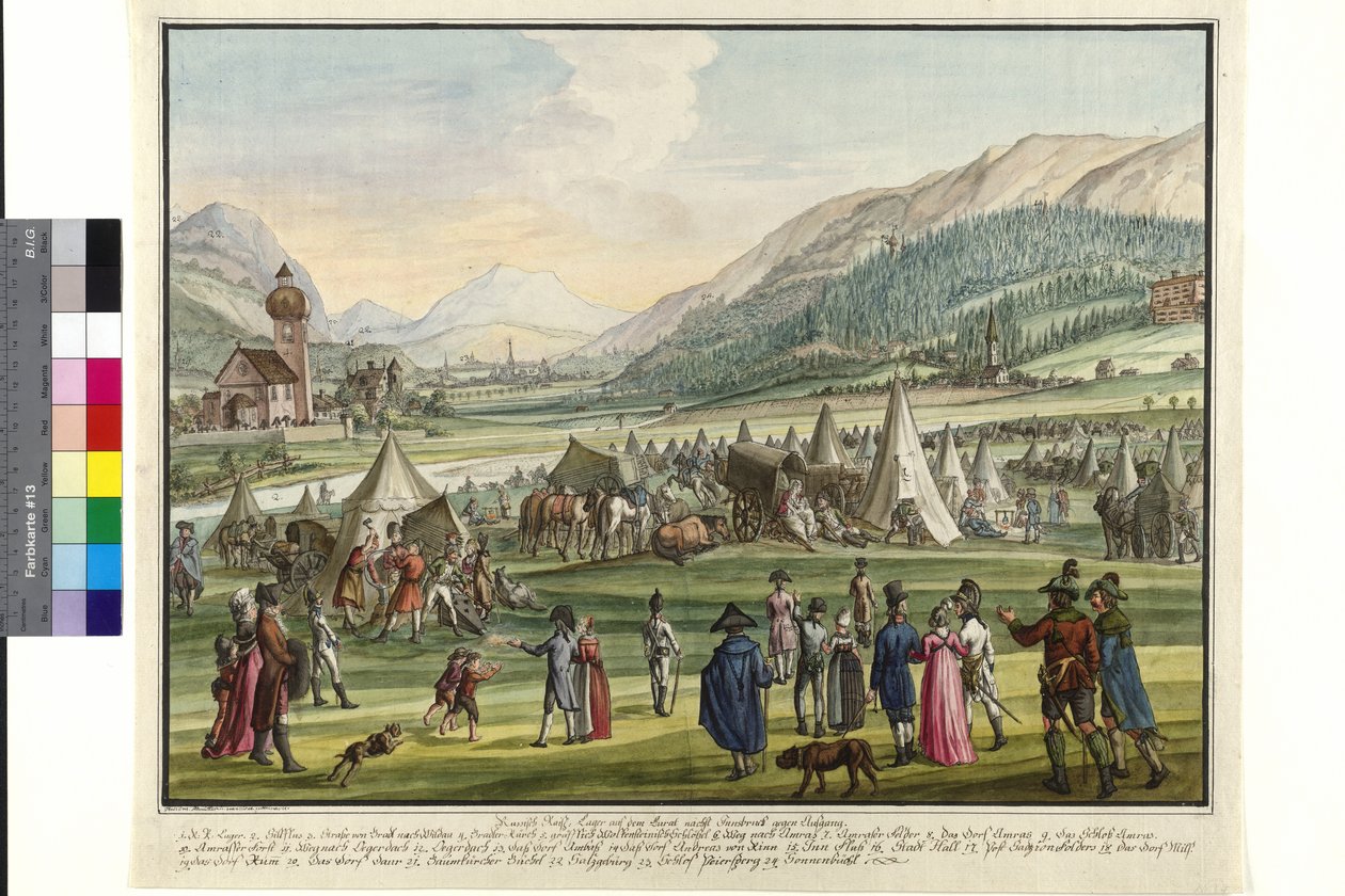 Keisarillisen Venäjän leiri Neurauthilla Innsbruckissa 1799 (akvarelli) tekijältä Jokob Placidus Altmutter