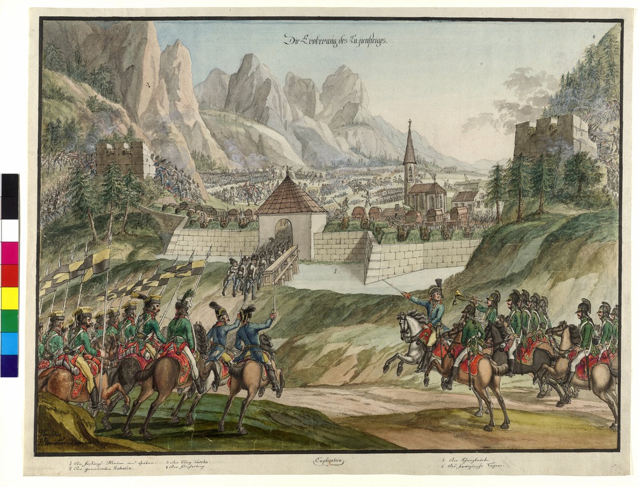 Luziensteigin valloitus Itävallan joukkojen toimesta 1799 (akvarelli) tekijältä Jokob Placidus Altmutter