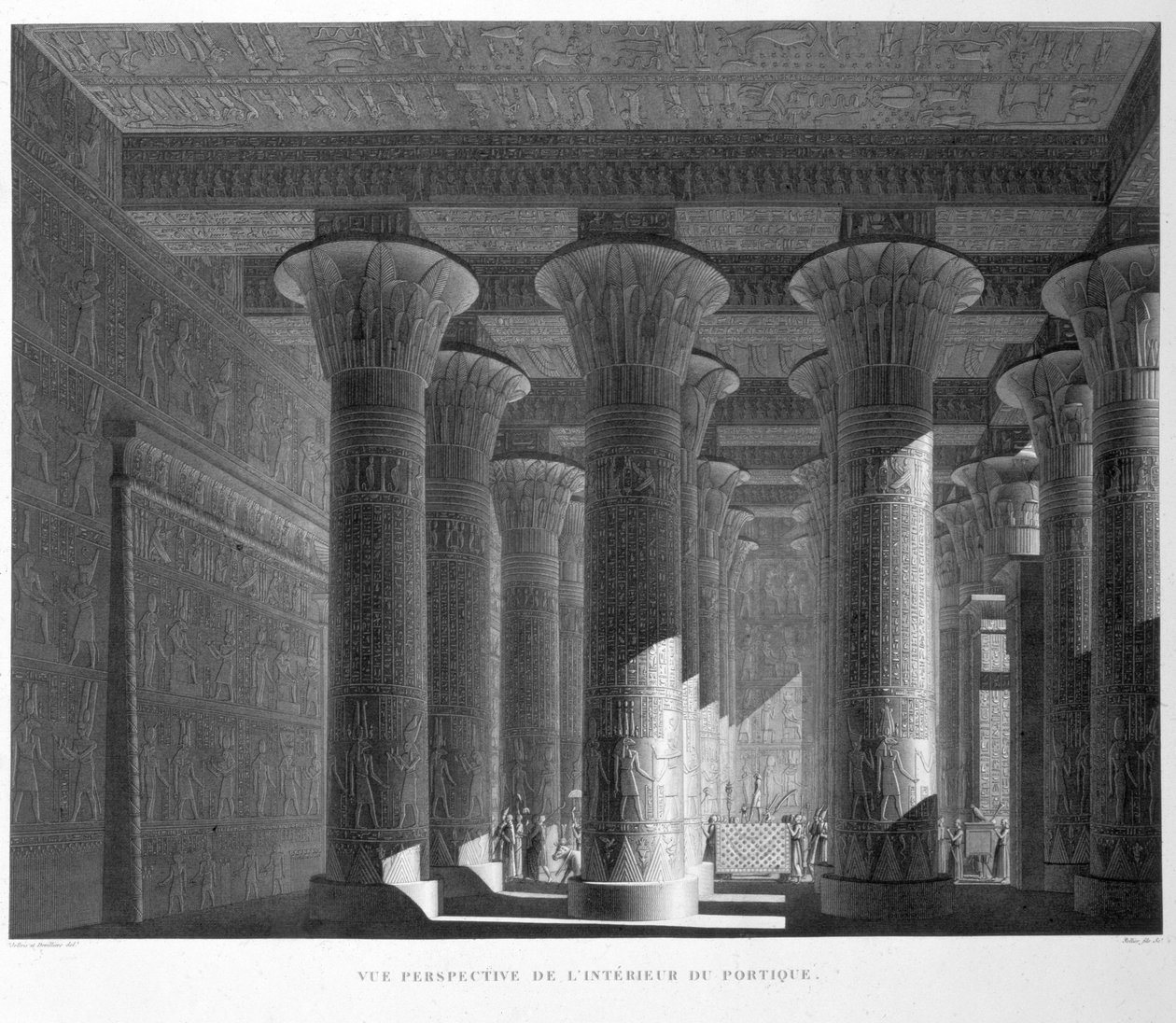 Perspektiivikuva portikon sisätiloista, Esne (Latopolis) -levy 83 julkaisun "Descriptions of Egypt" osasta I, kaiverrettu Sellier, 1822 (akvatinta) tekijältä Jollois and Devilliers