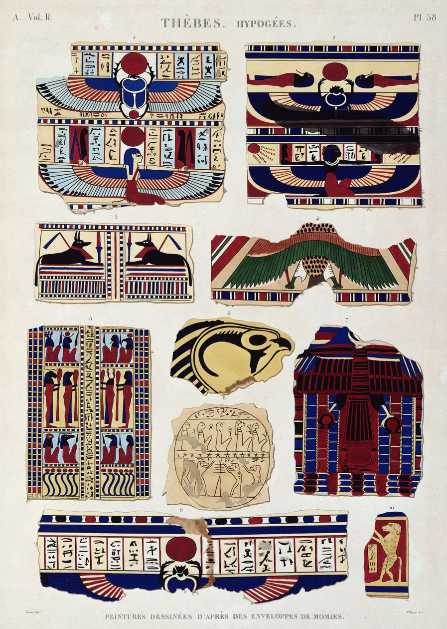 Kuvituksia muumioiden kääreiden maalaamista kuvioista, Hypogees, Theban, levy 58 teoksen "Egyptin kuvaukset" toisesta niteestä, kaiverrettu Willeminin toimesta, 1822 (akvatintta). tekijältä Jomard