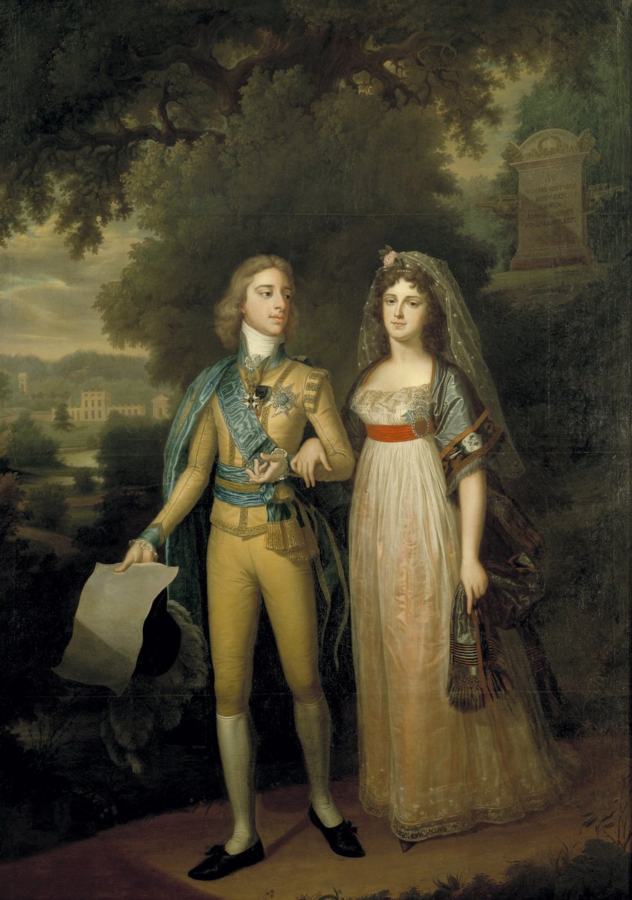 Ruotsi: Kustaa IV Adolf, 1778-1837, Ruotsin kuningas ja Fredrika Dorotea Vilhelmina, 1781-1826, Badenin prinsessa, Ruotsin kuningatar Kustaa IV Adolfin (1778-1837) ja Frederica Badenin (1781-1826) muotokuva. tekijältä Jonas Forsslund