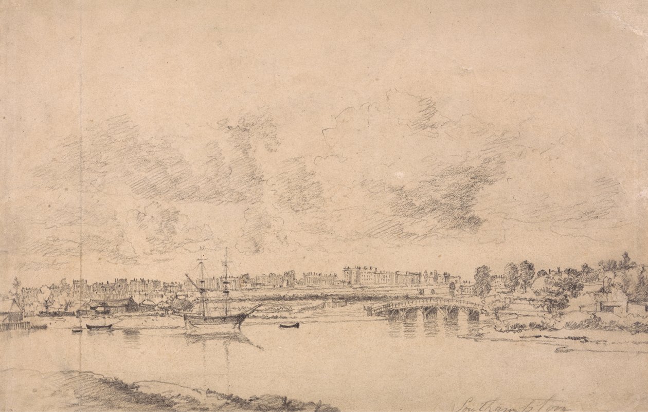 Southampton ja Northam Itchen-joesta (grafiitti keskikokoiselle, hieman teksturoituneelle, sinivalkoiselle kudospaperille, joka on levitetty keskikokoiseen, kohtalaisen teksturoitu, beige kudospaperi) tekijältä Jonathan Fisher