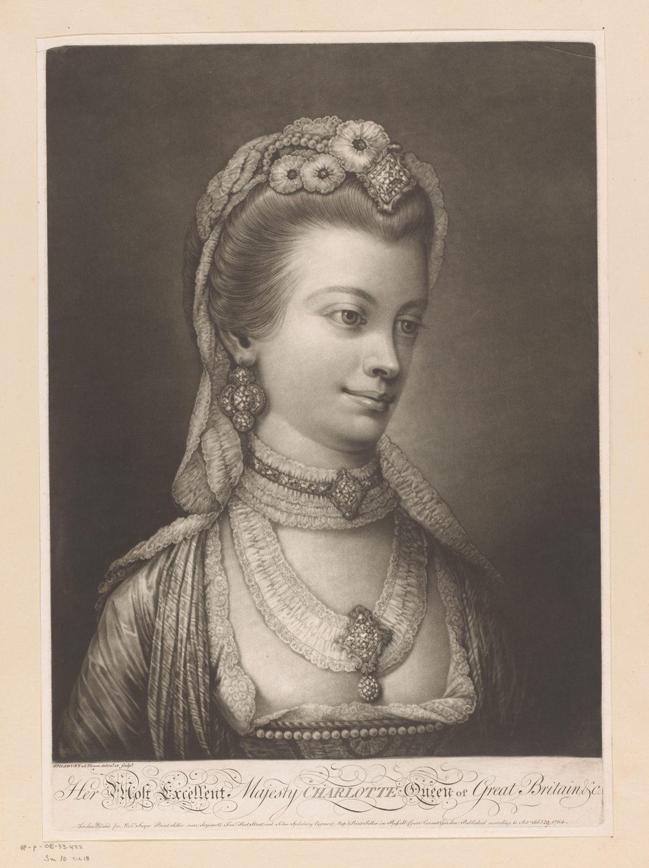 Portret van Charlotte van Mecklenburg Hänen loistavin Majesteettinsa Charlotte Ison-Britannian kuningatar jne. (otsikko esineessä) tekijältä Jonathan Spilsbury