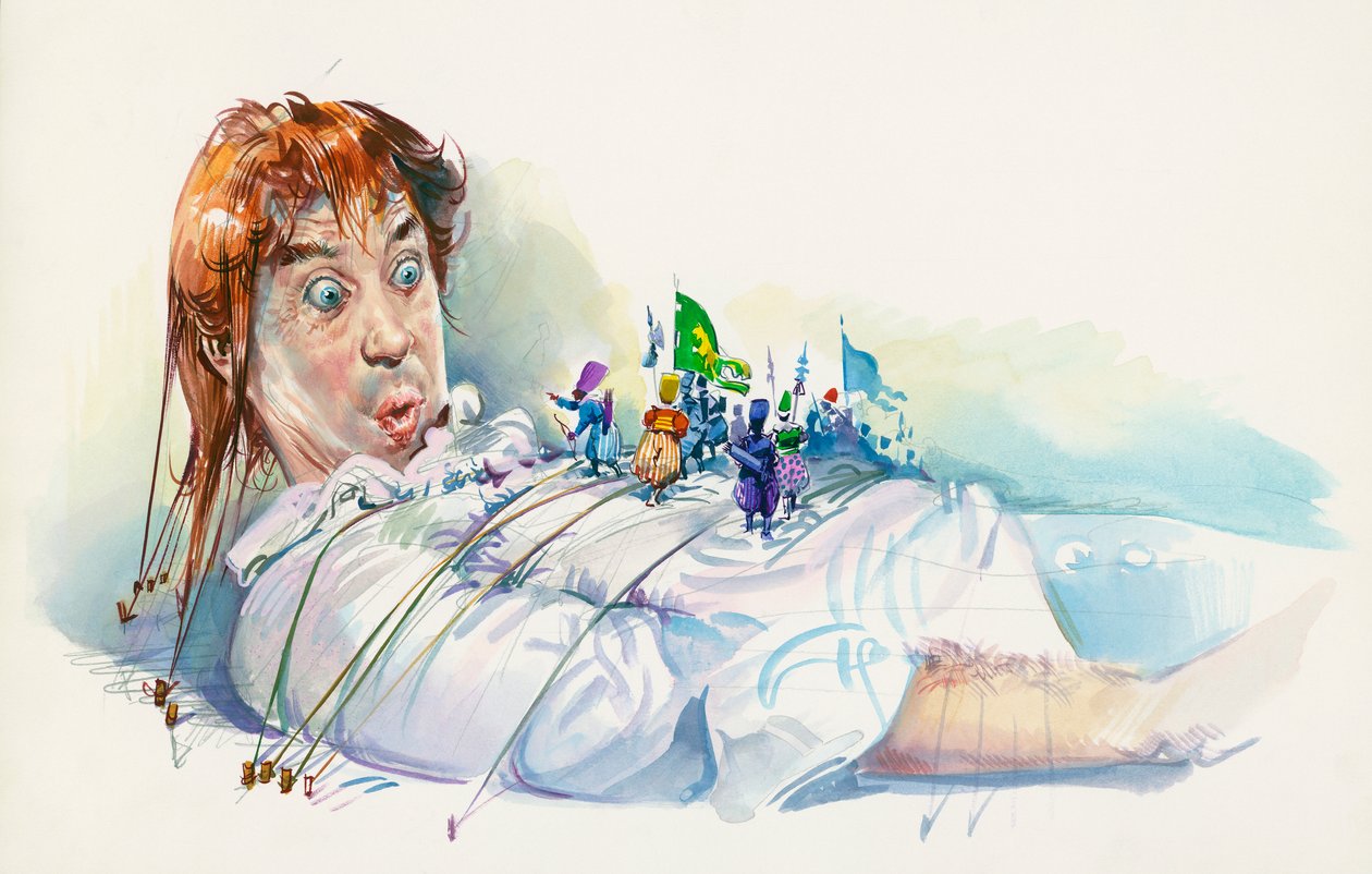 Lemuel Gulliver, jonka Lilliputians nappasivat, elokuvasta Gulliver