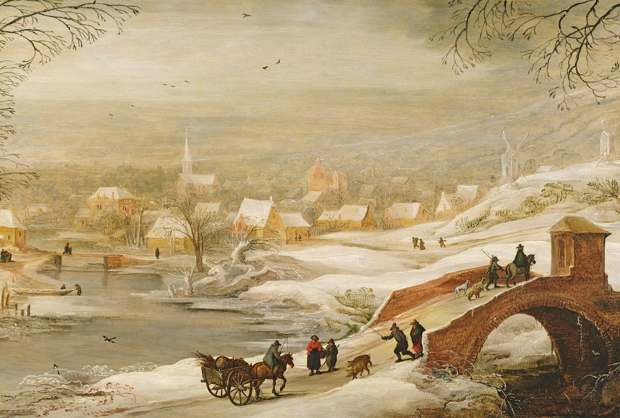 Talvimainen jokimaisema matkustajien kanssa sillalla ja kaupunki kaukana, 1720-luvun lopulla tekijältä Joos or Josse de Momper