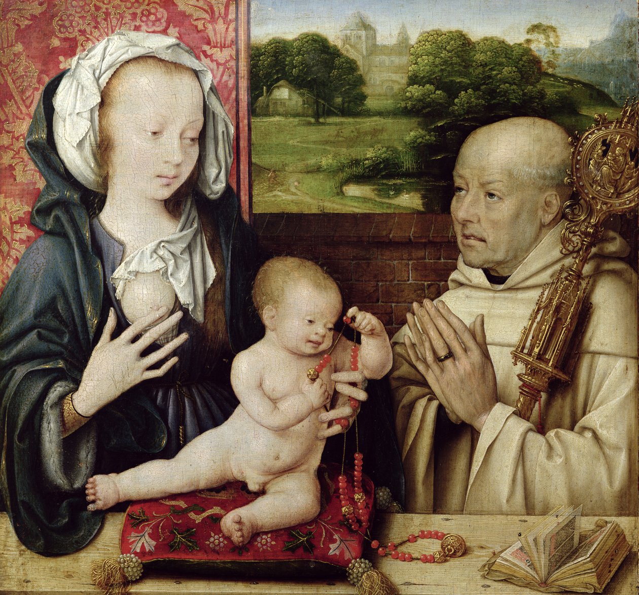 Neitsyt ja lapsi, joita St.Bernard palvoi, öljy paneelin yksityiskohdassa vuodelta 15955 tekijältä Joos van Cleve