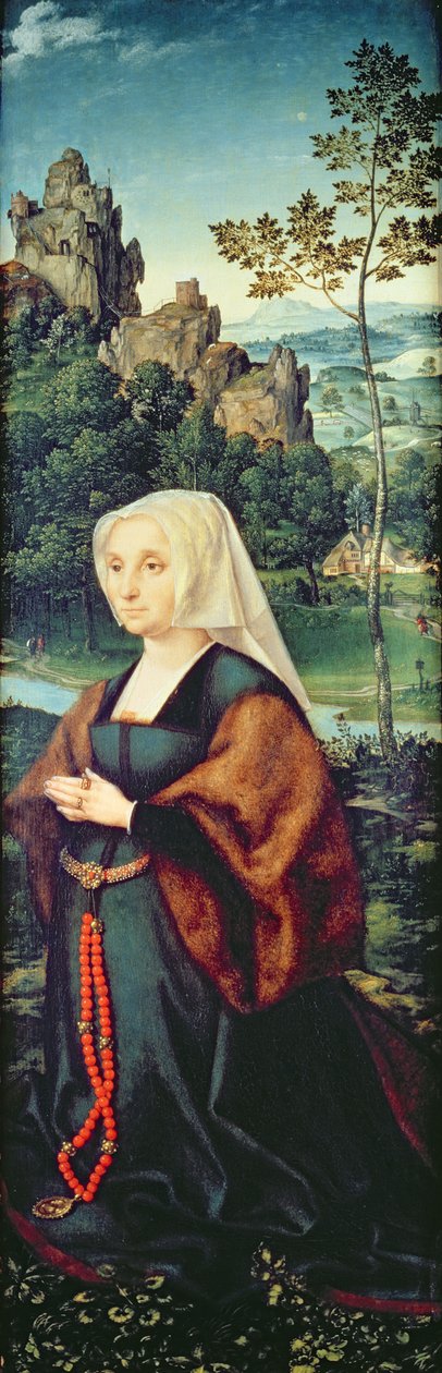 Lahjoittajan vaimo polvistuu joen rannalla (pari 155176) tekijältä Joos van Cleve