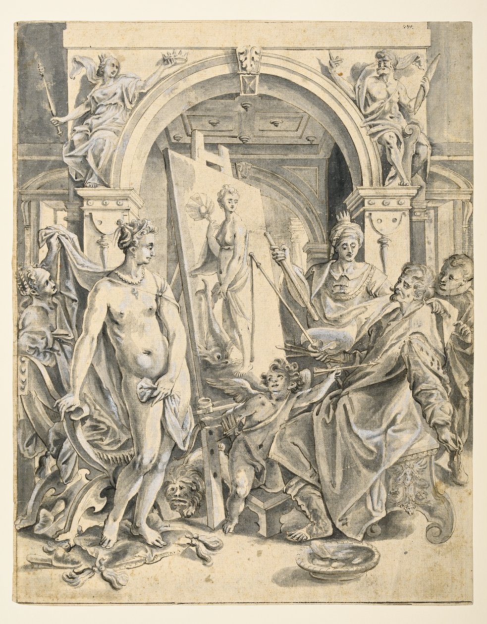 Apelles maalaus Campaspe (kynä ja ruskea muste, harmaa pesuaine, valkoinen vartaloväri levitetylle paperille) tekijältä Joos or Jodocus van (after) Winghe