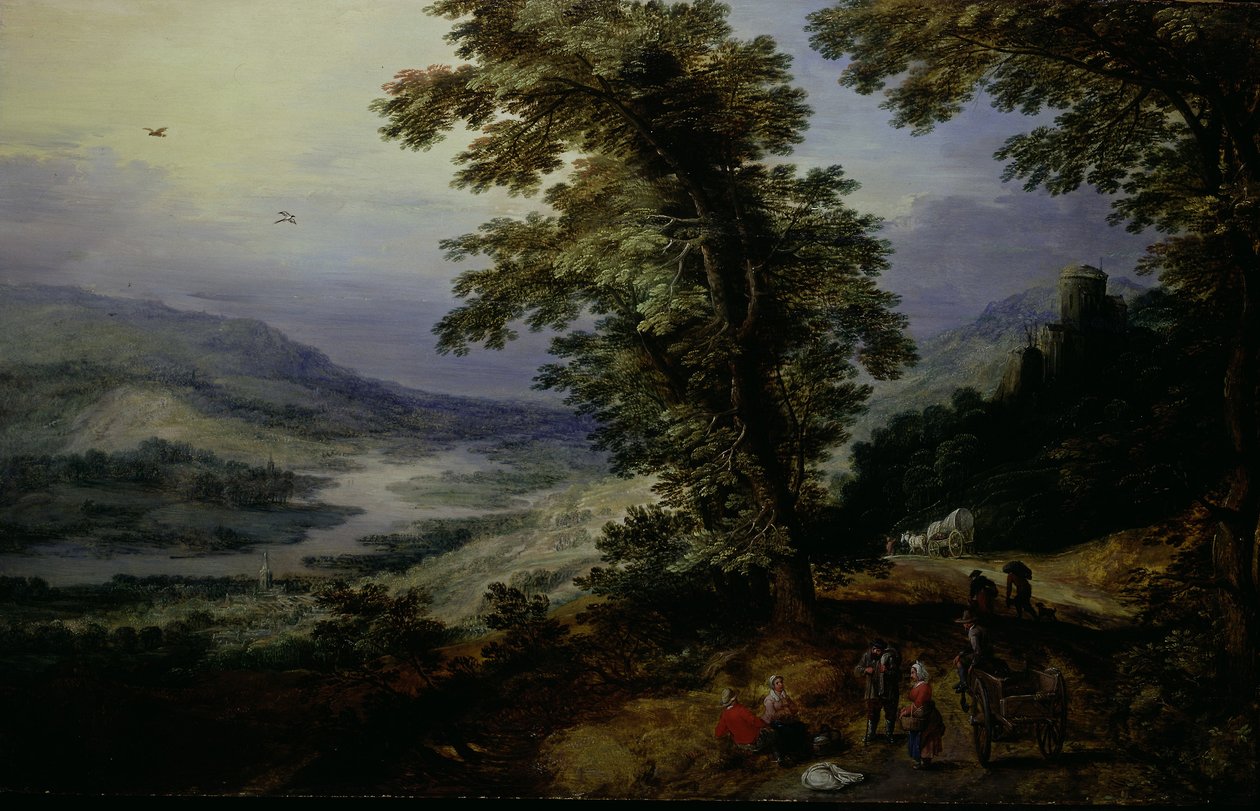 Vuoristotie, jossa kulkijoita, noin 1610-25 (öljy kehdelletulle paneelille). tekijältä Joos or Josse de The Younger Momper