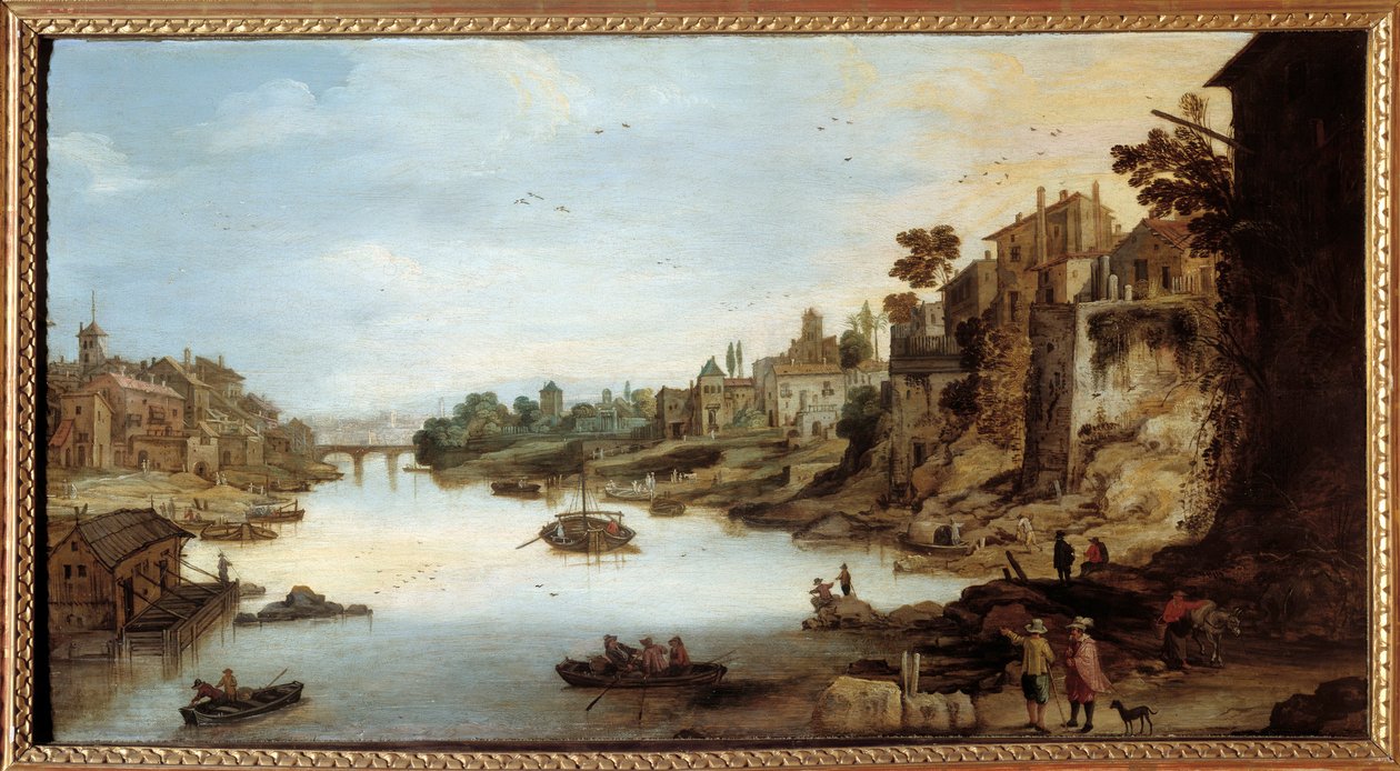Näkymä Tiberille (Tevere) Roomassa Talo paalujen varassa vasemmalla. Josse Momper II:n (1564-1635) maalaus tekijältä Joos or Josse de The Younger Momper