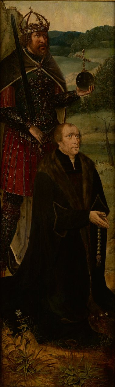 kuningas Konstantinus ja lahjoittaja; alttaritaulun yksi siipi (öljy paneelissa) tekijältä Joos van (follower of) Cleve