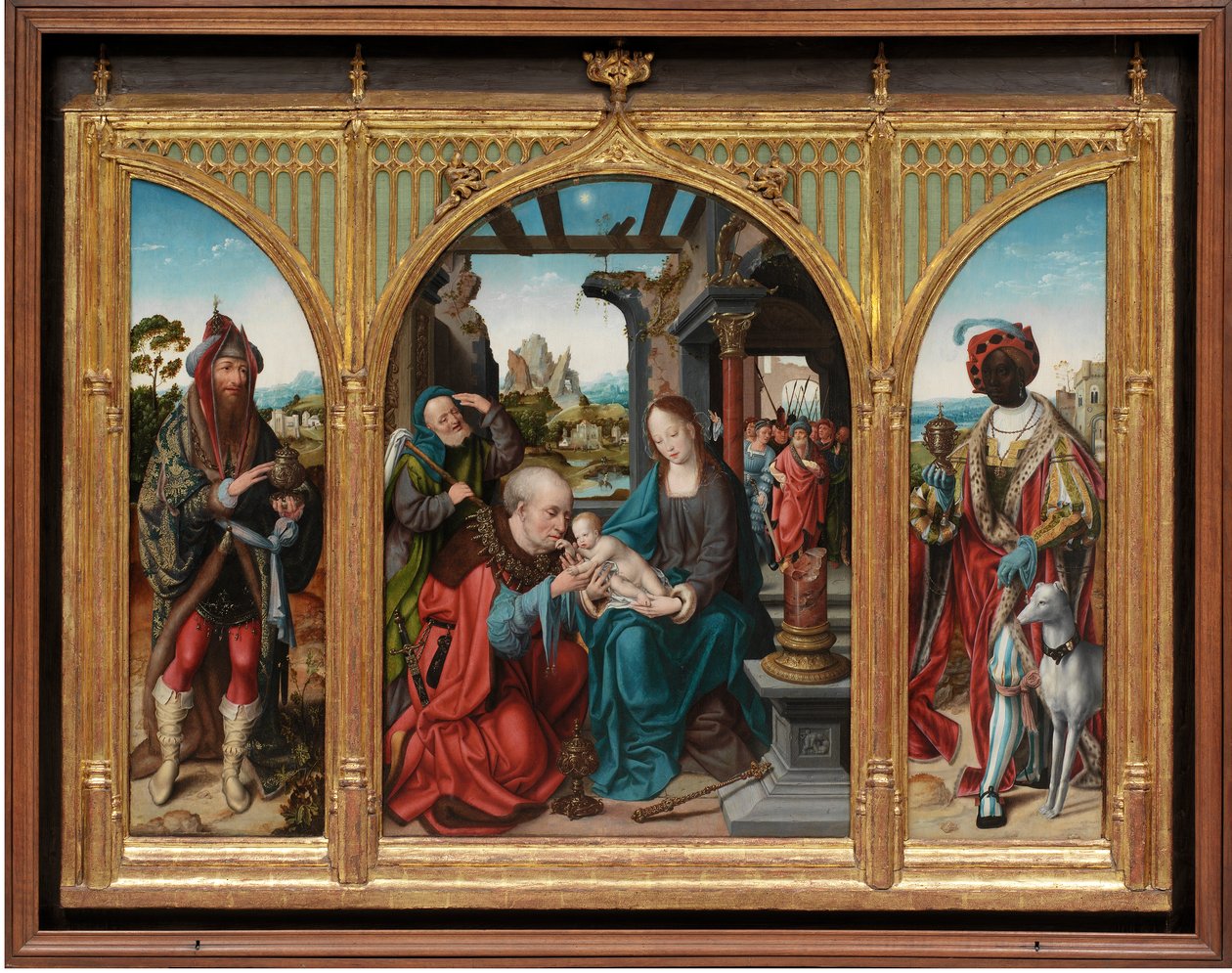 Adoration of the Magi, n. 1525 (öljy tammipaneeleille) tekijältä Joos van Cleve