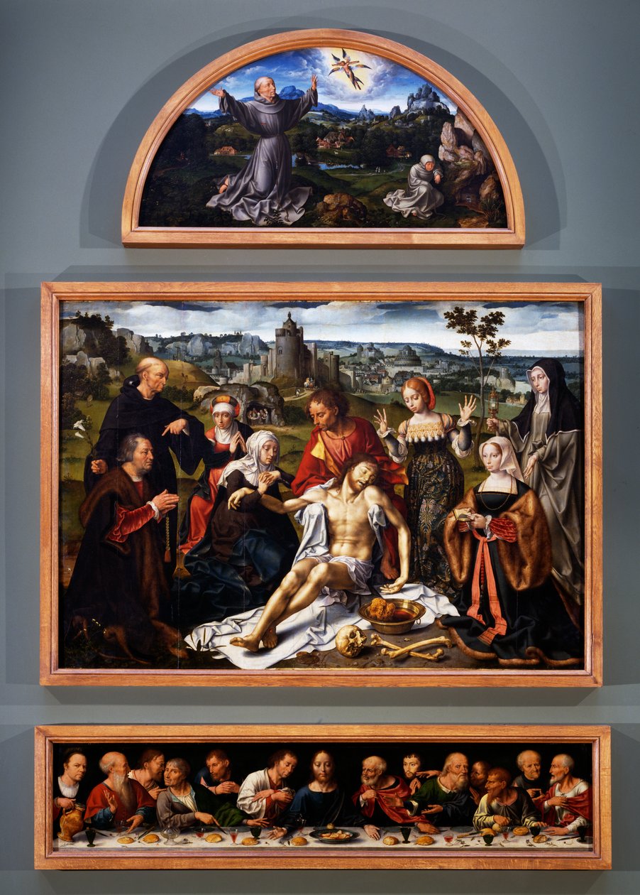 Alttaritaulu, jossa on Pyhän Franciscuksen leima, Kristuksen kerros ja viimeinen ehtoollinen Genovan Pienempien veljien kirkosta, n. 1520 tekijältä Joos van Cleve