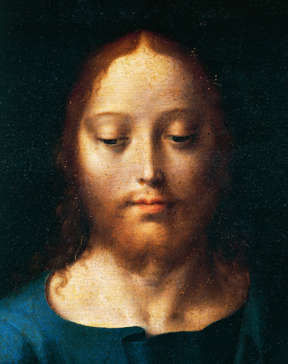 Kristuksen kasvot, Viimeinen ehtoollinen, yksityiskohta laskeumaalttarista, yksityiskohta Pienempien veljien kirkosta Genovassa, Italiassa. noin 1520 tekijältä Joos van Cleve