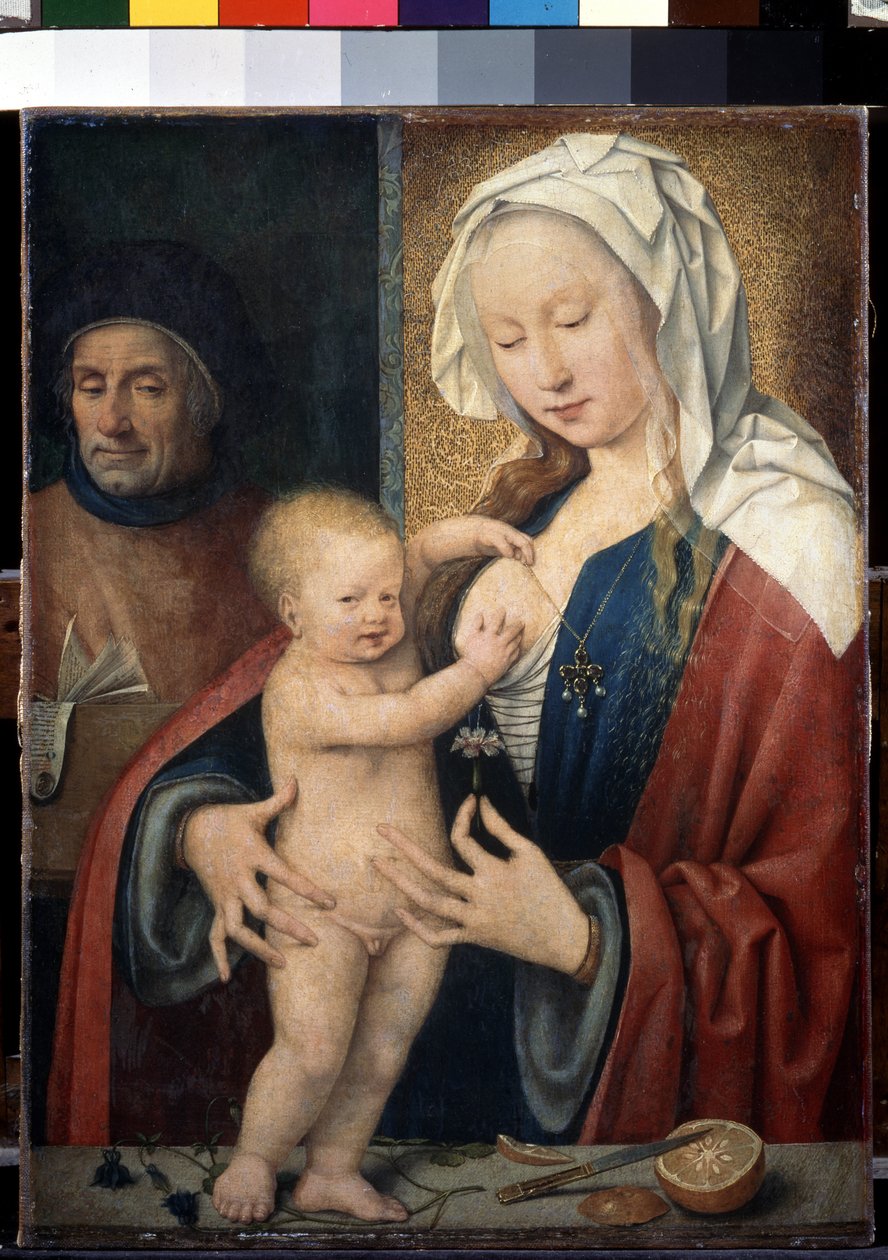 ""Pyhä perhe"" (Pyhä perhe) Jeesus-lapsi leikkii äitinsä rinnalla. Joos van Cleven (Cleef) maalaus (noin 1485-1540) 1500-luku Koko 42,5x31,5 cm Pietari. Eremitaaši museo tekijältä Joos van Cleve