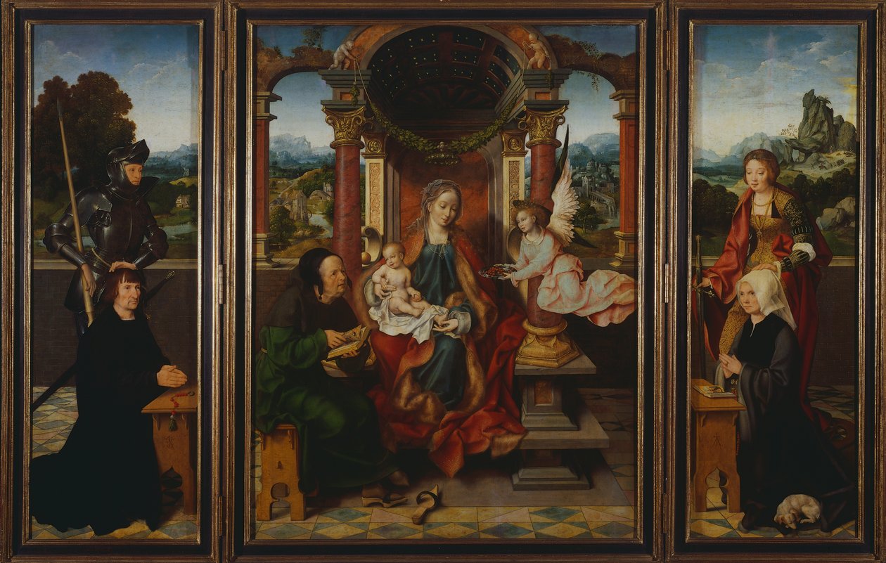Pyhä perhe, noin 1530, kirjoittanut Joos Van Cleve (1485-1540), triptyykki. Belgia tekijältä Joos van Cleve