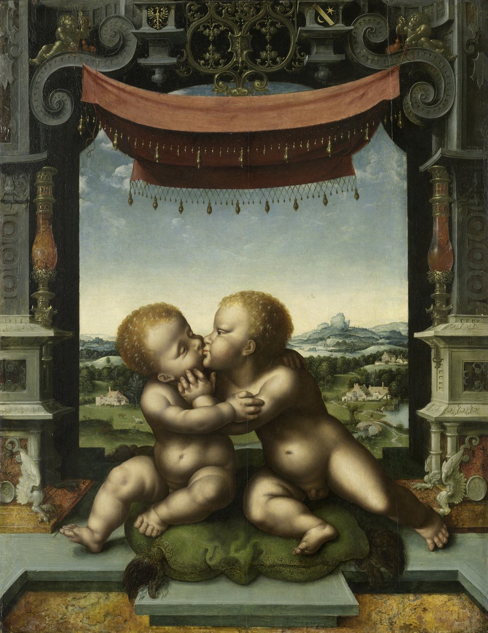 Lapset Kristus ja Pyhä Johannes Kastaja halaavat, 1520-25 tekijältä Joos van Cleve