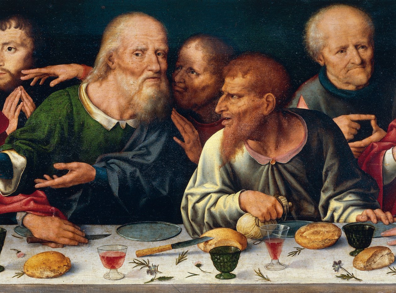 Viimeinen ehtoollinen, Juudas ja muut apostolit, Joos van Cleve (1485-1540 ca), alttaritaulu Frati Minorin kirkosta Genovasta, Italiasta tekijältä Joos van Cleve