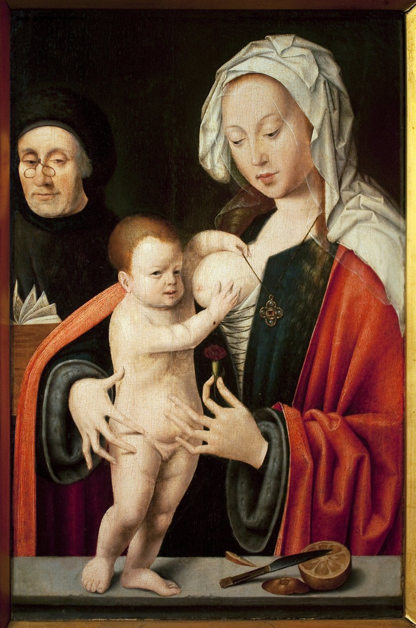 Neitsyt, lapsi ja luovuttaja. Joos Van Cleven (1485-1540) maalaus, öljy puulle. Flanderin taidetta 1500-luvulta. Musee Grobet Labadie, Marseille. tekijältä Joos van Cleve