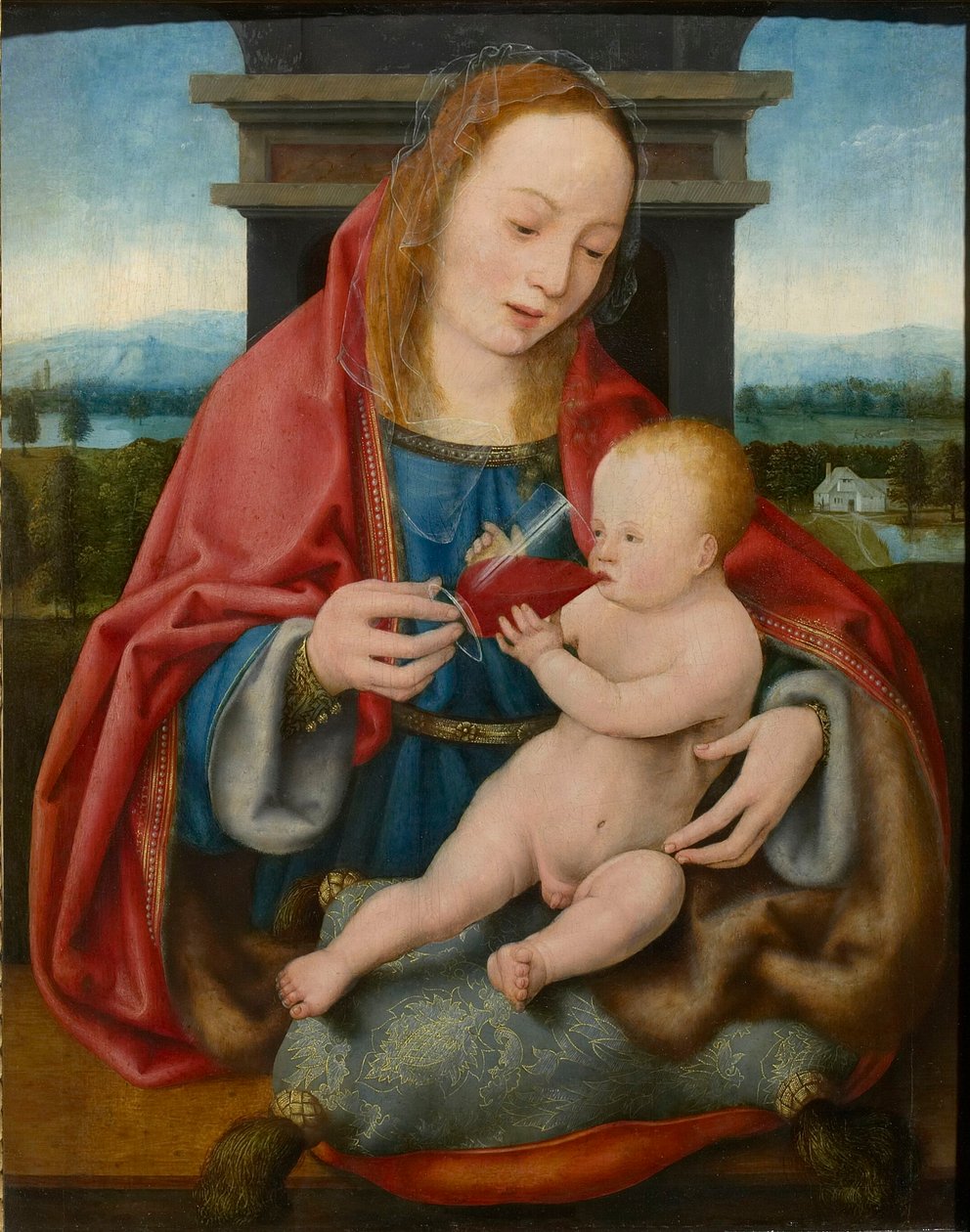 Neitsyt lapsen Kristuksen kanssa juomassa viiniä, n. 1520. tekijältä Joos van Cleve