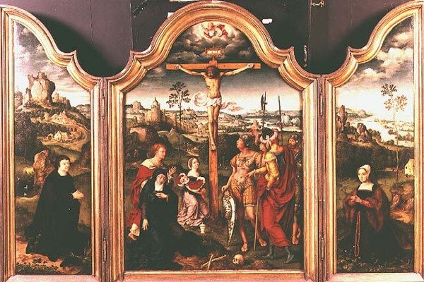 Triptyykki: Ristiinnaulitseminen polvistuvien luovuttajien tukemana (öljy) tekijältä Joos van Cleve