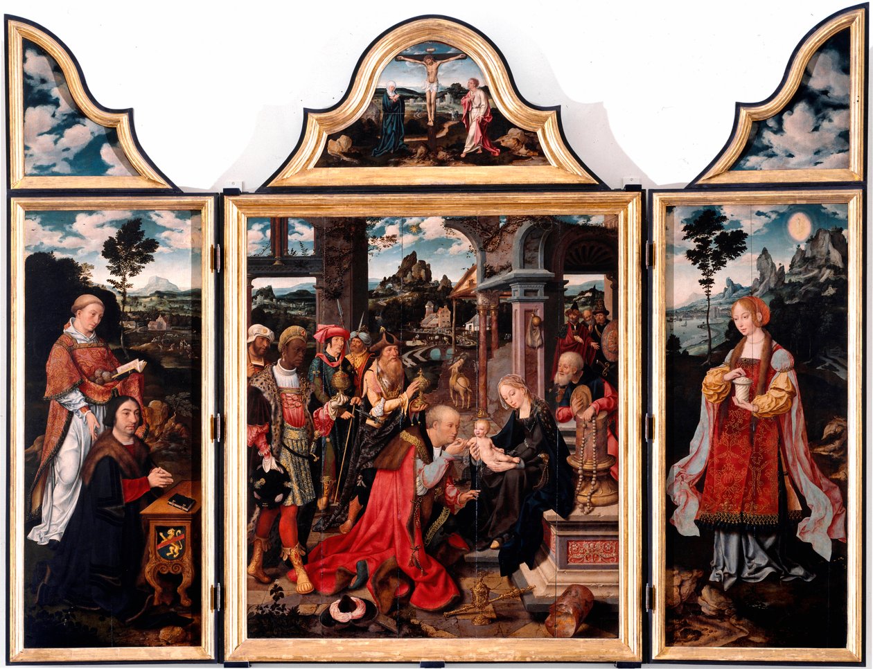 Tryptic of the Adoration of the Magi. Maalaus puulle Joos Van Cleve nuori (1485-1540) 1515 Dim. 260x200 cm Genes, San Donaton kirkko tekijältä Joos van Cleve