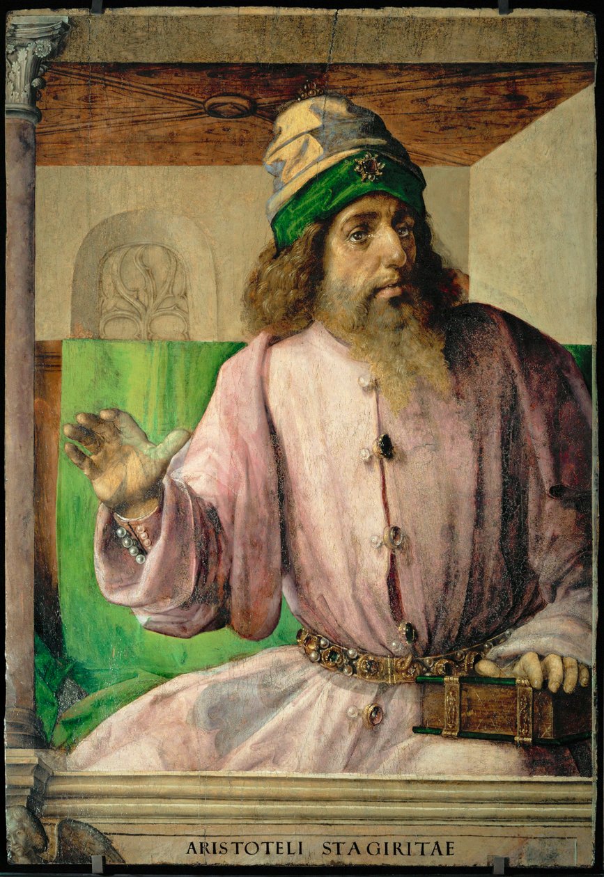 Aristoteles, kreikkalainen filosofi 28 muotokuvan sarjasta, joka on maalattu noin vuonna 1475 Federigo da Montefeltren studioloa varten ... tekijältä Joos van Gent (fl.1460 75)