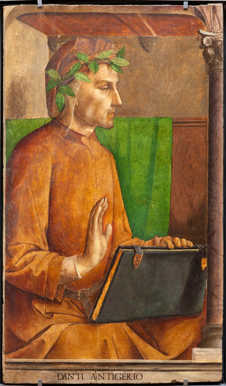 Dante Alighierin (1265-1321), runoilijan, italialaisen kirjailijan, jumalaisen komedian kirjoittajan, liripionin päähine - kuva Justen Gentin (Joos van Wassenhove) (noin 1435 - noin 1475) ja Pedro Berrugueten (noin 1450) maalaus ennen vuotta 1504), osa 2:n tekijältä Joos van Gent (fl.1460 75)