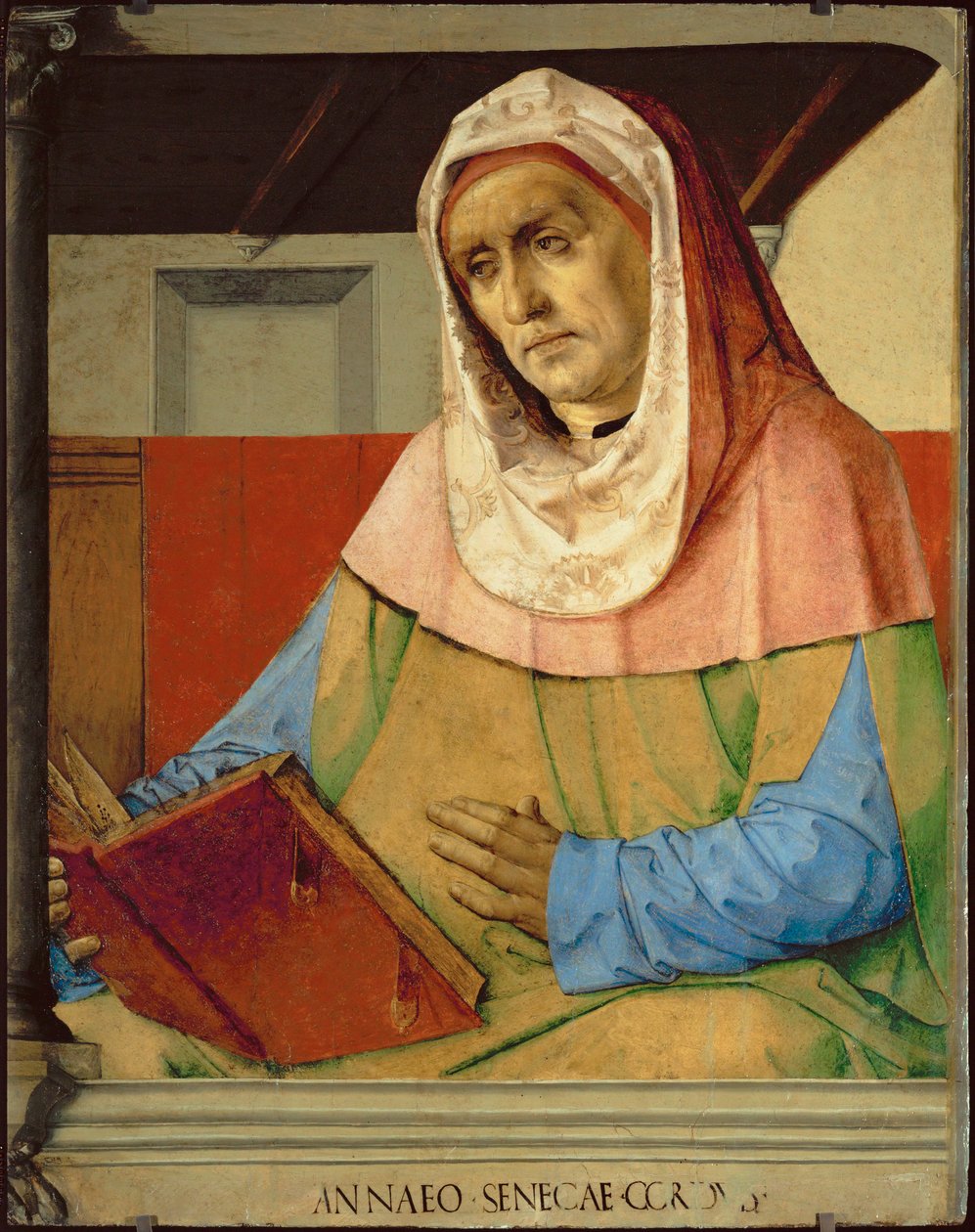 Seneca, roomalainen filosofi 28 muotokuvan sarjasta, joka on maalattu noin vuonna 1475 Federigo da Montefeltren studioloa varten ... tekijältä Joos van Gent (fl.1460 75)