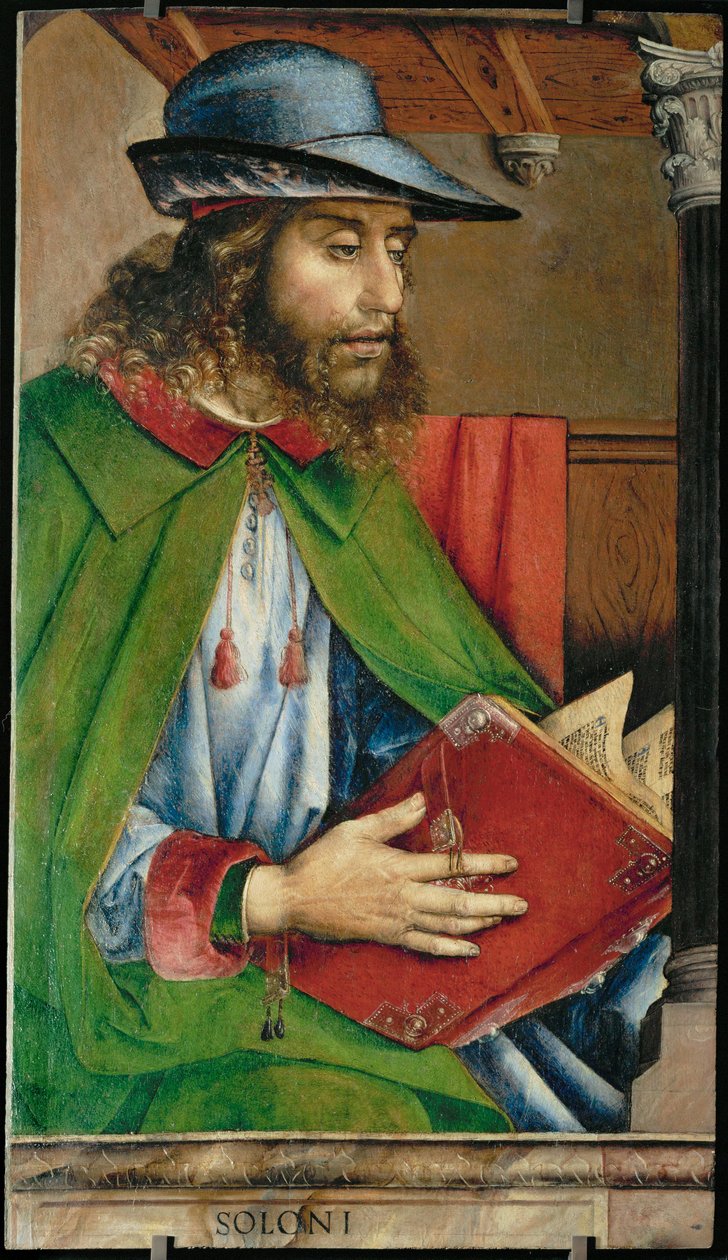 Solon, Ateenan lainsäätäjä 28 muotokuvan sarjasta, joka on maalattu noin vuonna 1475 Montefeltren Federigon studioloa varten ... tekijältä Joos van Gent (fl.1460 75)