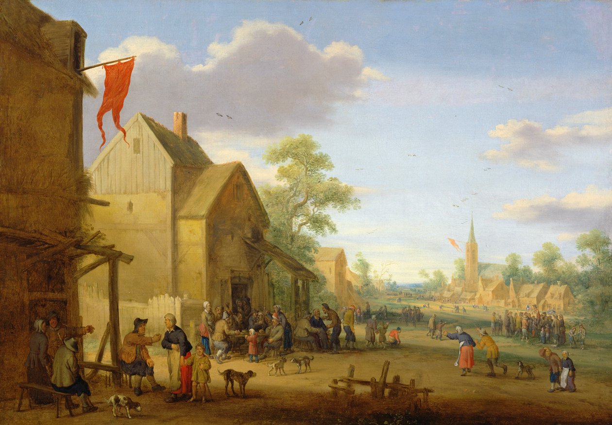 Kylän kokous, jossa on kadulle kokoontuneita hahmoja, 1624 tekijältä Joost Cornelisz. Droochsloot