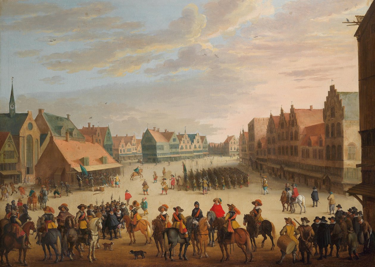 Orangen prinssi Maurice erotti palkkasoturit Utrechtin Neude -aukiolta 31. heinäkuuta 1618 tekijältä Joost Cornelisz. Droochsloot